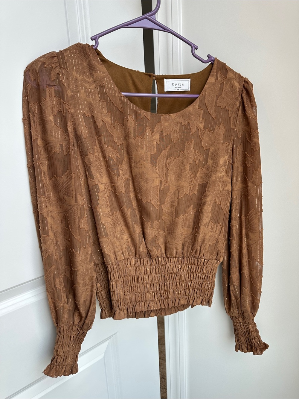 Sage Brown Jacquard Long-Sleeve Smocked Waist Top